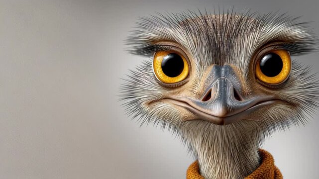 Cartoon character resembling an emu with large expressive eyes and detailed feathers wearing an orange sweater, set against a soft gray background