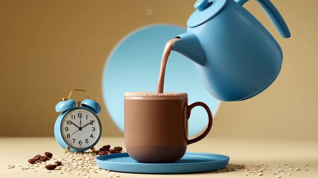Blue kettle pouring hot chocolate into brown mug on blue plate with alarm clock and coffee beans on beige surface, creating a cozy morning scene