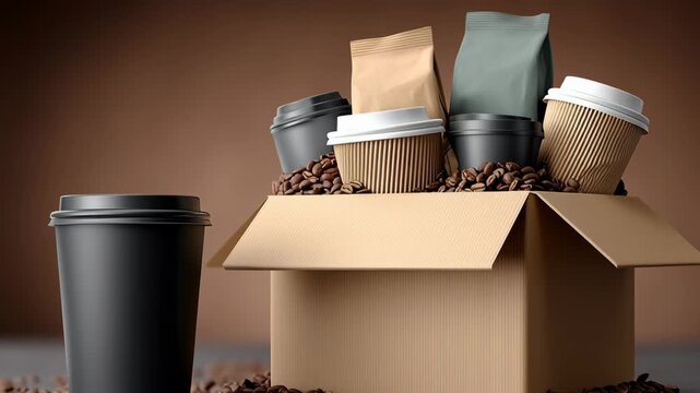 Black coffee cups and brown paper bags arranged in a cardboard box filled with roasted coffee beans on a gray surface against a brown background