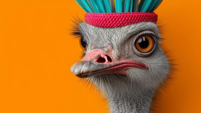 Ostrich with colorful headband and vibrant feathers poses against bright orange background, showcasing unique facial features and expressive eyes in a playful manner