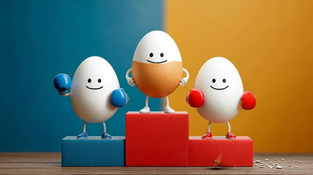 Three cartoon eggs with smiling faces and boxing gloves stand on colorful blocks, showcasing a playful competition in a vibrant setting with blue and yellow backgrounds