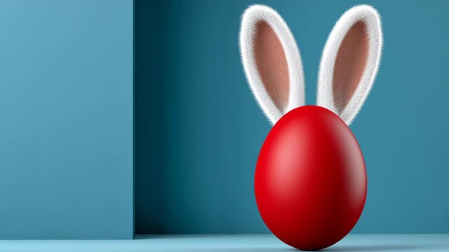 Red egg with bunny ears positioned against a blue wall, showcasing a playful and festive design suitable for Easter celebrations and holiday decorations