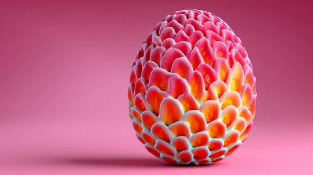 Colorful decorative egg with intricate petal-like patterns transitions from pink to orange against a soft pink background, showcasing vibrant hues and detailed textures