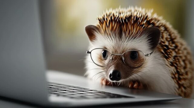 Hedgehog wearing glasses curiously leans toward laptop keyboard, exploring the screen while sitting on a smooth surface with a blurred background