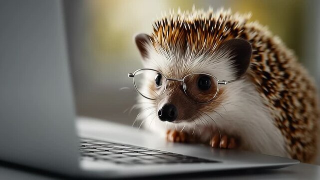 Hedgehog wearing glasses curiously leans toward a laptop screen, showcasing its inquisitive nature in a bright indoor setting with soft lighting