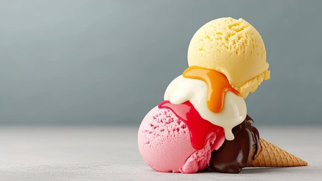 Three scoops of colorful ice cream stacked in a waffle cone with drizzled syrup, set against a soft gray background highlighting the dessert's vibrant colors