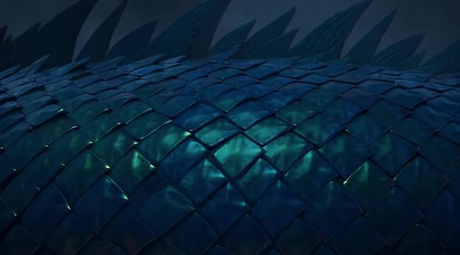 Close-up of iridescent blue-green reptilian scales and sharp spines, highlighted by golden light
