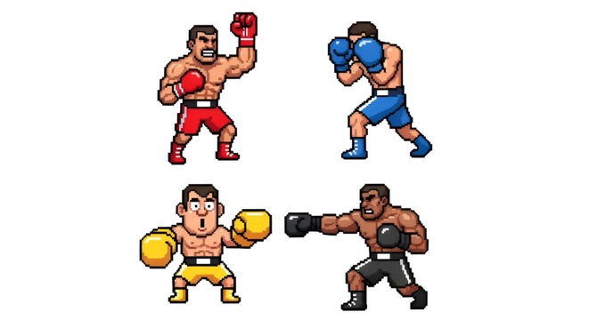 Pixel Art Boxing Fighters Set with Different Poses and Boxing Gloves