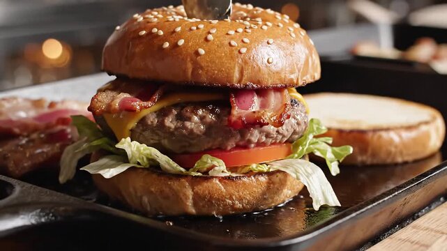 Delicious Bacon Cheeseburger Being Prepared on a Grill.