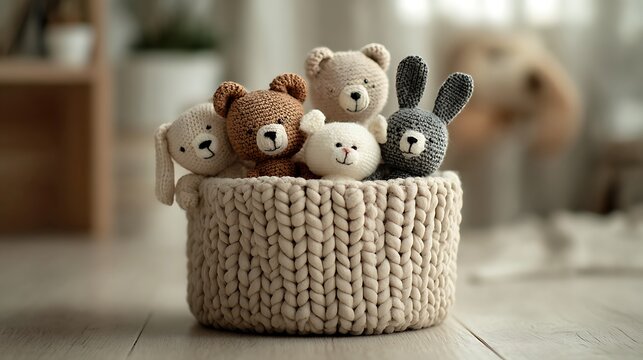 A basket of adorable stuffed animals sitting on a wooden floor in a cozy room