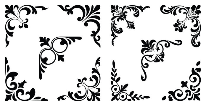 Baroque Floral Corner Ornament Set, Elegant Victorian Corner Flourish Collection, Ornate Calligraphy Corner Decoration Bundle, Classic Decorative Corner Element Set