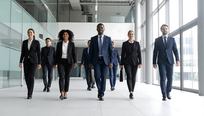 Fototapeta premium A group of diverse business people walk toward the camera in a bright, modern office building