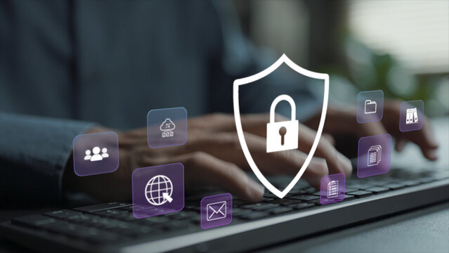 Secure data protection concept. Person typing keyboard with cybersecurity and data protection icons, information security, privacy protection and digital safety.