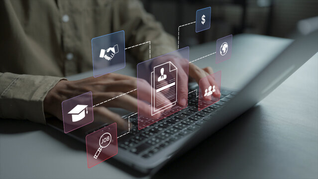 Online job search and employment concept. Person using laptop with job listing and recruitment icons, career opportunities, talent acquisition and employment platform.