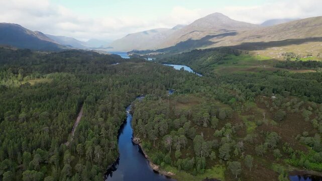 Aerial Wide Shot of a Dark inding River in a Deep Gren Mountain Forest