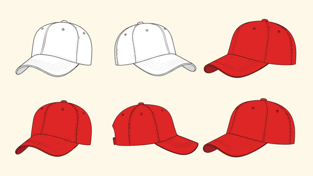 Collection of blank white and red baseball caps shown from different angles including front side and back for custom branding.