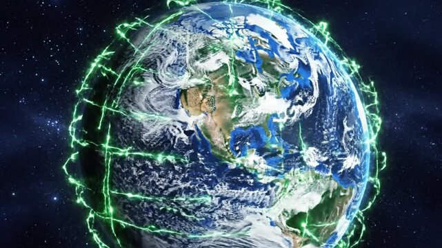 Cinematic rotating planet earth with glowing green energy lines symbolizing sustainability and environmental protection