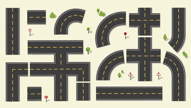 Road constructor kit with modular highway sections asphalt streets intersections and traffic symbols for city planning map designs.