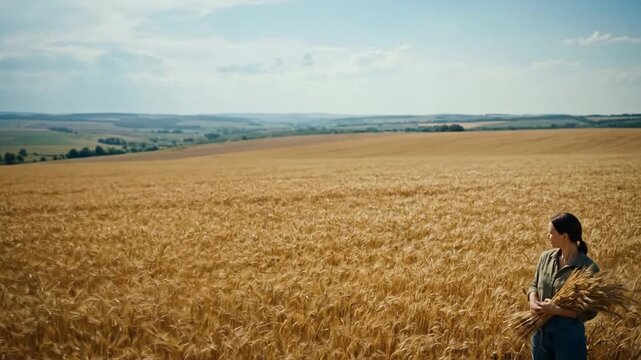 A young woman stands proudly in a vast golden wheat field, holding a harvest bundle under a bright sky, embodying the spirit of baisakhi.