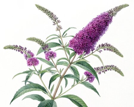 Buddleja &ndash; Purple buddleja butterfly bush long cone-shaped flower cluster, isolated on white background