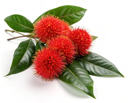 Brownea &ndash; Red brownea tropical clustered ball-shaped blossoms with glossy leaves, isolated on white background.