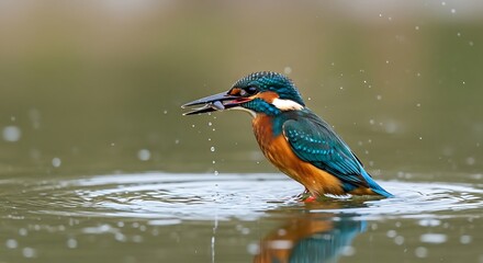 Obraz premium A vibrant kingfisher perches in water with a fish in its beak, capturing action