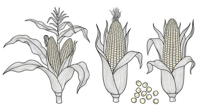 Detailed hand drawn illustrations of corn on the cob with husks and kernels showing whole plants and individual seeds for agriculture.