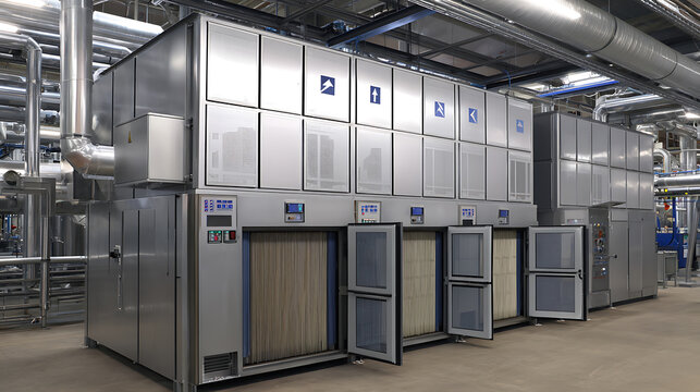 Industrial Air Handling Unit with Open Access Panels Reveal Filter Systems in a Modern Facility, Showcasing Complex HVAC Infrastructure