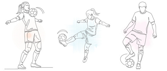 Fototapeta premium Female Soccer Players Sketch Collection, Athletic Women Kicking Ball, Sportive Girls Training