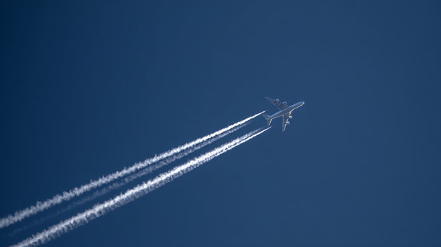 Jet aircraft soar high across a clear blue sky, leaving long white contrails, symbolizing travel, ambition, and the vastness of human endeavor and exploration
