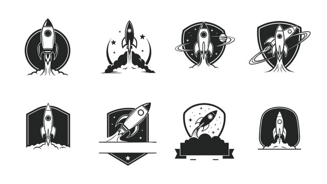 Monochrome rocket ship logo emblems featuring spacecraft launching into space with stars planets and shield shapes for technology brands.