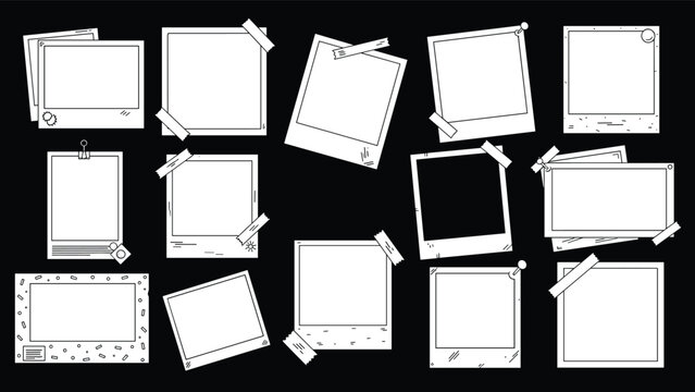 Blank photo frames and polaroid style snapshots with tape and pins on a black background for memory and scrapbooking design layouts.