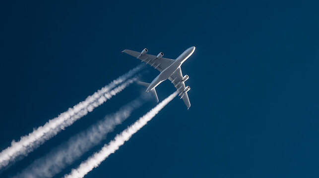 Passenger plane fly high across clear blue sky with white contrail; commercial aircraft flight concept for travel, vacation, transport, aerospace industry