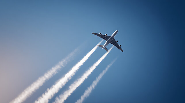 Modern Commercial Aircraft Soar Upward into a Deep Blue Sky, Leaving White Contrail Trails, Symbolize Global Travel and Aspiration