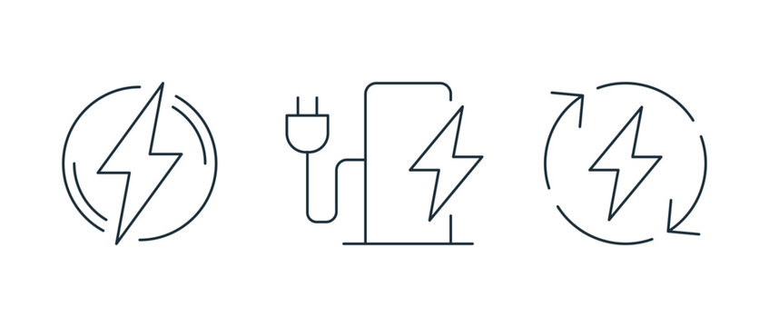 Minimal electric charging line icon set energy and power, including battery level, wireless charging, plug socket, electric car, energy symbols linear flat vector illustration.
