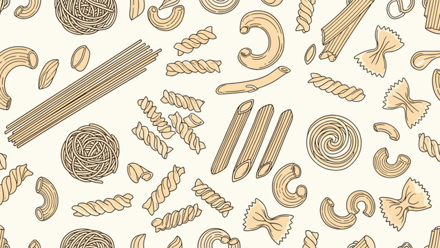 Seamless pattern background featuring various types of dry pasta shapes like penne fusilli spaghetti farfalle and macaroni in line art style.