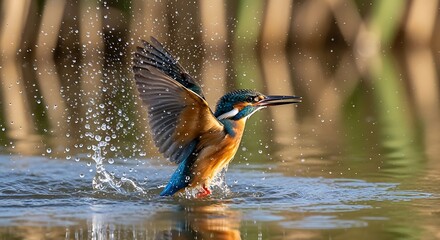 Bird emerging from water, wings spread, creating a splash, natural habitat backdrop