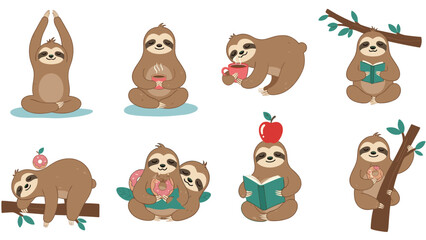 Fototapeta premium Set of cute sloths in various human like activities including doing yoga drinking coffee reading books and eating donuts on branches.