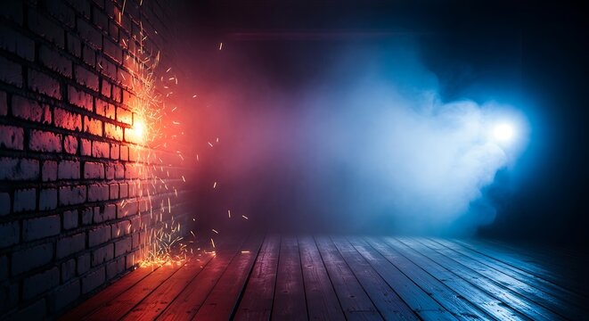 Brick wall partially exploding, emitting sparks and light in a smoky, colored interior