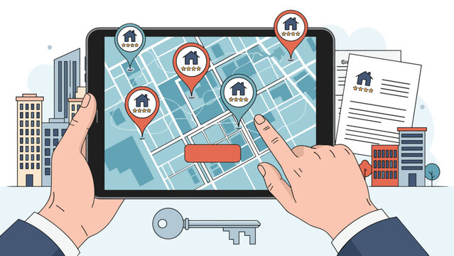 Person searching for real estate property using a mobile tablet device displaying a digital map with multiple house location pins.