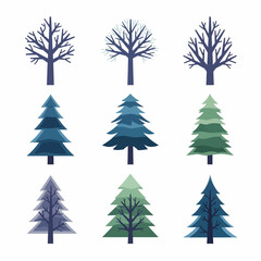 Fototapeta premium Collection of stylized winter trees, pine and bare branches, isolated on white