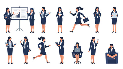 Obraz premium Collection of professional businesswomen characters in various poses such as presenting at a whiteboard, running, and working at a desk.