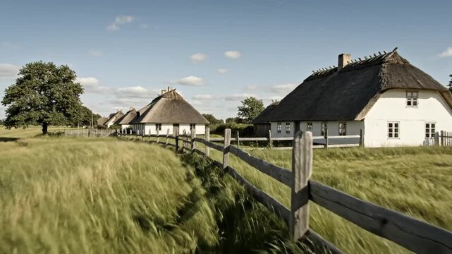 Traditional thatched cottages in rural countryside landscape with wooden fence and tall grass field under blue sky