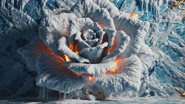 Glowing frozen rose emerging from icy crystal wall with golden light in surreal winter fantasy scene