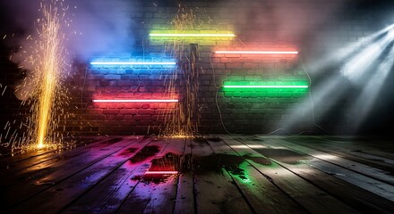 Fototapeta premium Dark room with neon lights on brick wall, sparks, smoke, and wet wooden floor