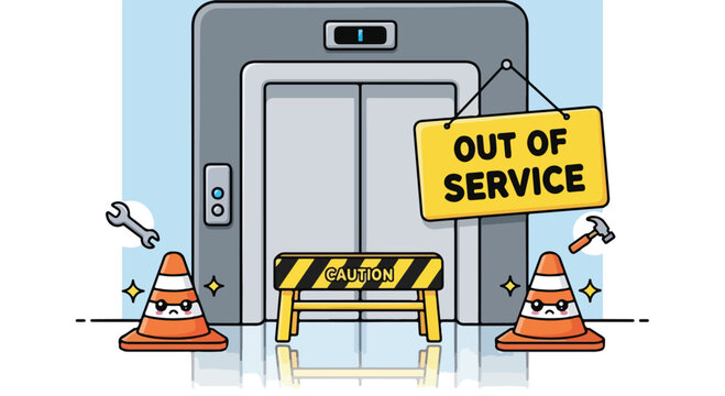 Cartoon illustration of an out-of-service elevator with traffic cones, a barricade, and tools against a plain background.