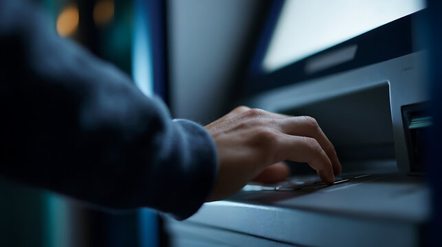 Close up of a person's hand pressing buttons on an automated teller machine keyboard, showing a focus on financial transaction process