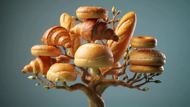 Bakery tree growing and blooming with various bread products. Fast motion video of croissants, buns, and baguettes appearing on branches.