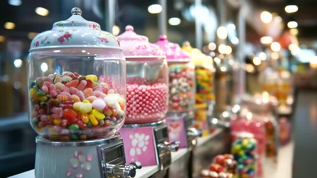 Colorful candy dispensers with decorative motifs, filled with various sweets in playful display, multiple sweet machines, confectionery vending units, candy selection array,