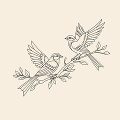 Fototapeta premium Two birds perched on a branch, line art drawing